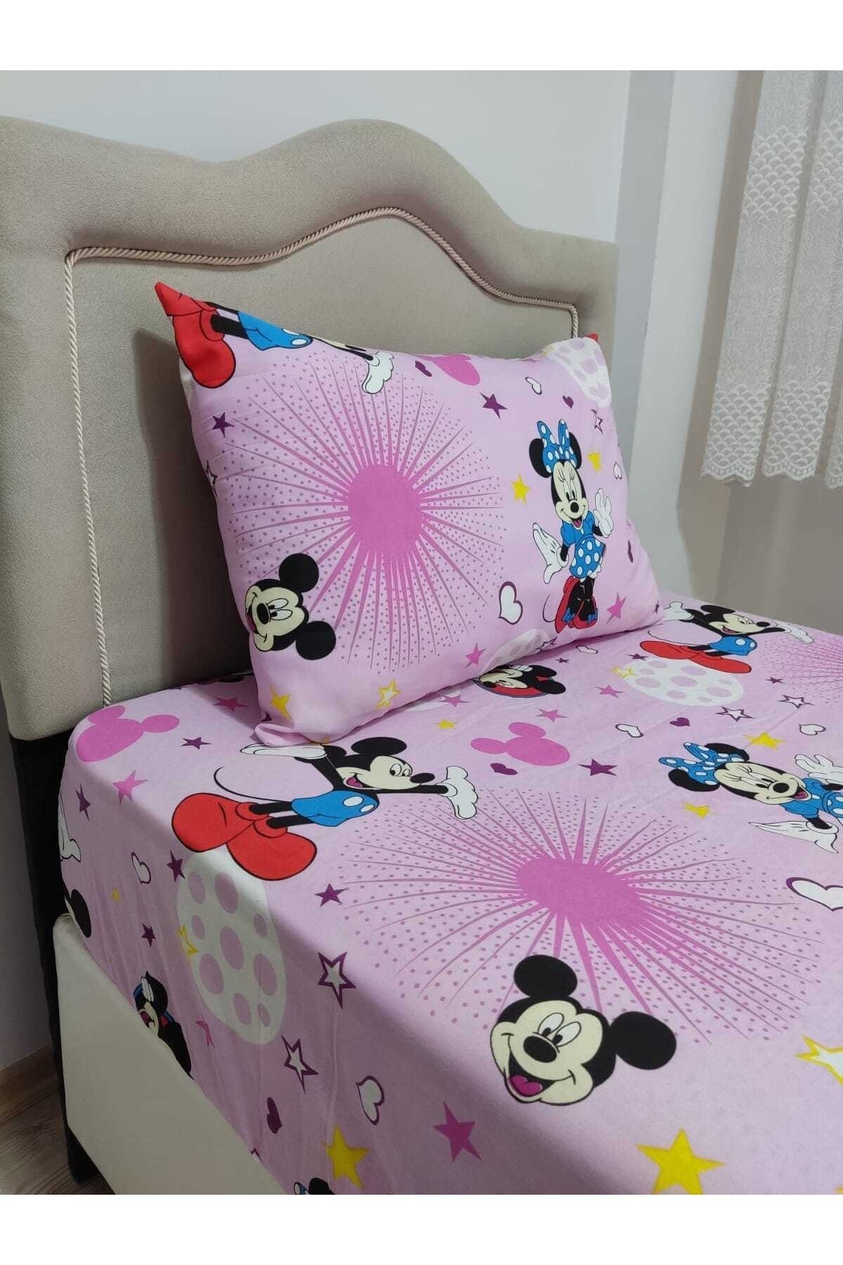 Tek%20Kişilik%20Pembe%20Mickey%20Mouse%20Nevresim%20Çarşaf%20Takımı